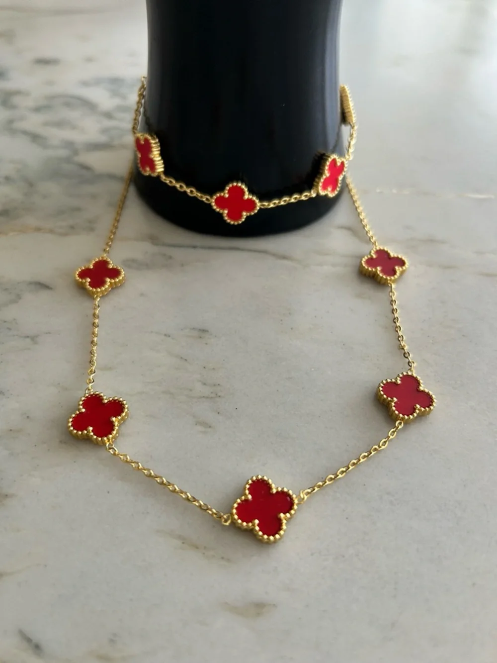 Gold-Tone Red Clover Station Necklace and Bracelet Set